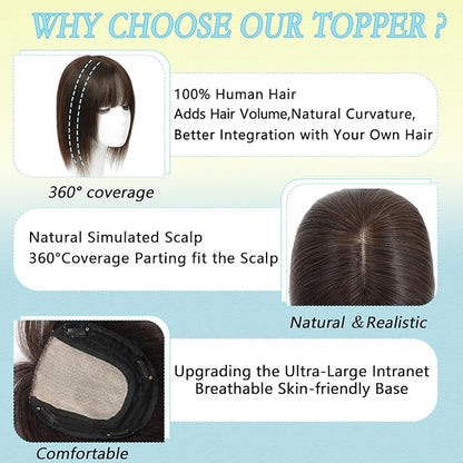 Hair Toppers for Women Real Human Hair, 360° 3D Toppers Pieces for Women with Thinning Crown Wispy Bangs 16 Inch Upgrade Big Basement (Dark Brown, 16 Inch Wispy Bangs)