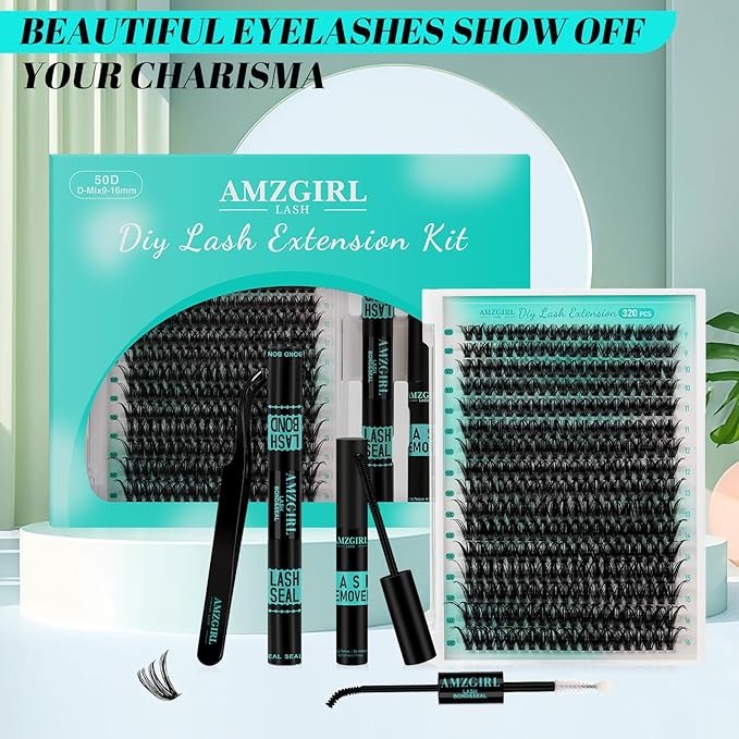 Lash Extension Kit 320Pcs,DIY Individual Lashes Clusters Kit,Lash Bond And Seal,Lash Remover For Eyelashes Extensions,Lash Applicator Tool For False Eyelash Cluster Kit At Home(50D,D-Mix9-16mm Kit)