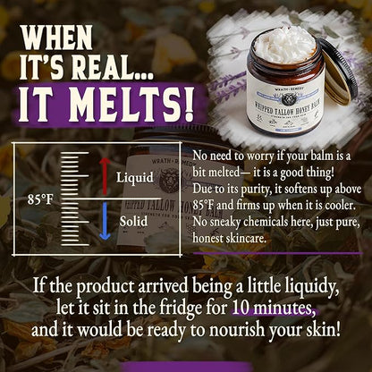 Wrath & Remedy Handmade Whipped Organic Beef Tallow for Skin - 4 OZ (Lavender) — Grass Fed Beef Tallow Moisturizer and Honey Balm for Silky, Sensitive-Skin, Eczema, Rosacea - Free of Harsh Chemicals