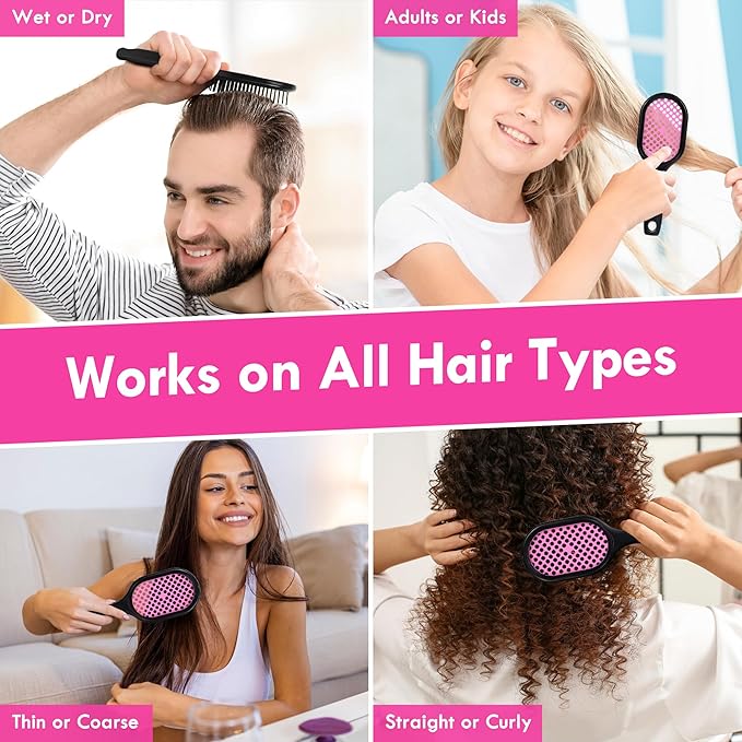 Vented Detangling Hair Brush - 2 Pack Detangler Hairbrush for Effortless Tangle Removal - Ultra-Soft Bristles -For Natural Curly Straight Wet Dry Damaged Hair for Women Men Kids - Black & Pink