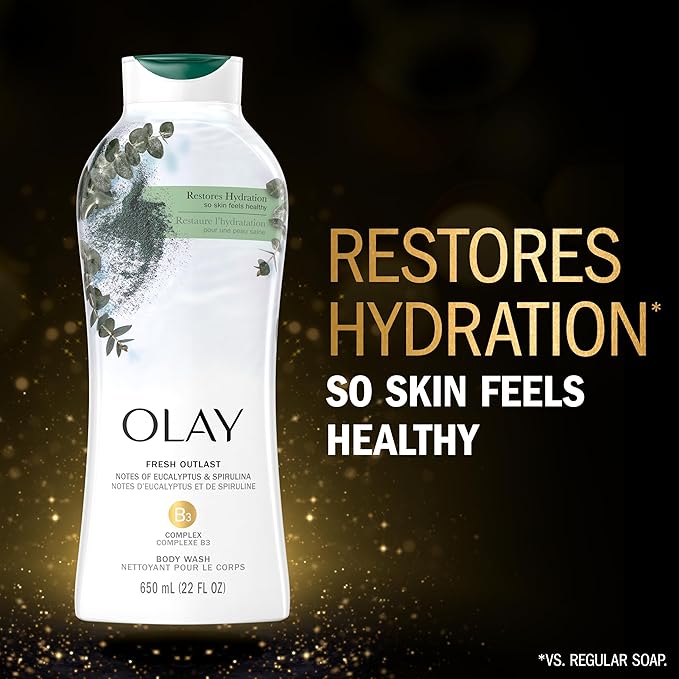 Olay Body Wash for Women, Fresh Radiance, Refreshing & Renewing, Made with Plant Based Cleansers, B3 Botanical Complex, For All Skin Types, Eucalyptus & Spirulina Scent, 22 fl oz (Pack of 4)