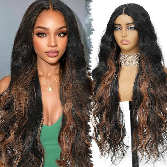 30 Inch Synthetic Lace Front Wig, 4X1 Glueless Pre-Cut Lace Wear and GO Synthetic Wavy Wig for Women Body Wave Middle Part, Beginner-Friendly for Daily Use (Black mix Brown)