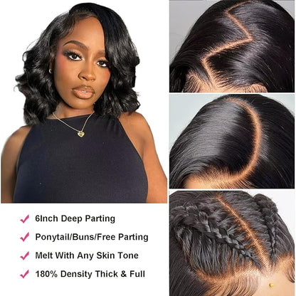 Bob Wig Human Hair 13x6 HD Lace Front Wigs Pre Plucked 200% Density Body Wave Wig Human Hair Wigs for Black Women Natural Black 14 inch