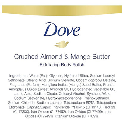 Dove Exfoliating Body Polish Body Scrub Crushed Almond and Mango Butter 4 Count Exfoliating Scrub for Dry Skin Gently Exfoliates to Reveal Healthy Skin 10.5 oz