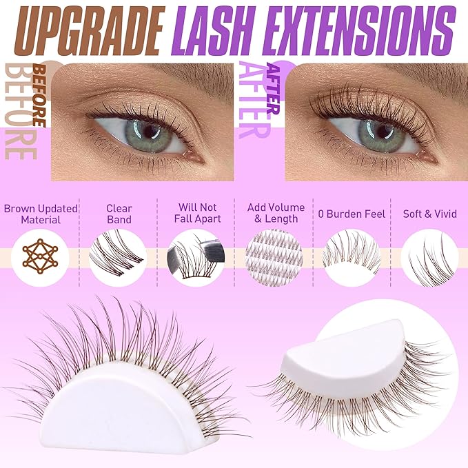 Pawotence Brown Lash Extension Kit Lash Clusters Wispy clear Band 10-12mm Individual Lashes Natural Brown Clusters Eyelash Extension Kit with Lash Bond and Seal, Lash Applicator for Self Use