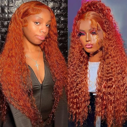 13x6 Ginger Lace Front Wigs Human Hair 180% Density Deep Wave Lace Front Wig Human Hair Pre Plucked Curly Brazilian Glueless Orange Color Hd Transparent Lace Frontal Wig Human Hair for Women 26 Inch