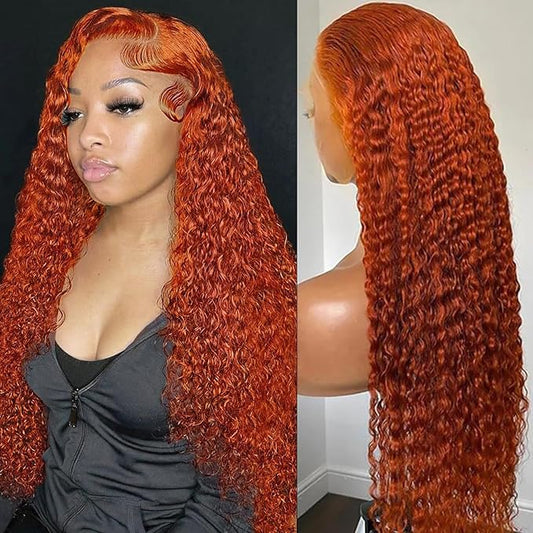 13x6 Deep Wave Ginger Lace Front Wigs Human Hair 180% Density Curly Lace Frontal Wig Human Hair Pre Plucked Brazilian Glueless Orange Color Hd Transparent Lace Front Wig Human Hair for Women 24 Inch