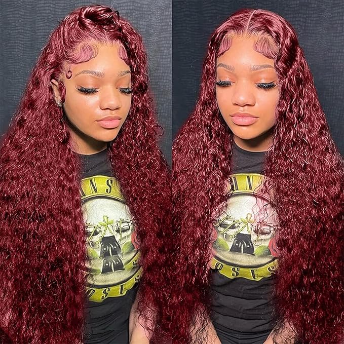 CHEETAHBEAUTY 99J Burgundy Deep Wave Lace Front Wigs Human Hair 250% Density 10A Grade Deep Curly 13X6 HD Transparent Lace Front Human Hair Wigs for Black Women Pre Plucked with Baby Hair(22inch)