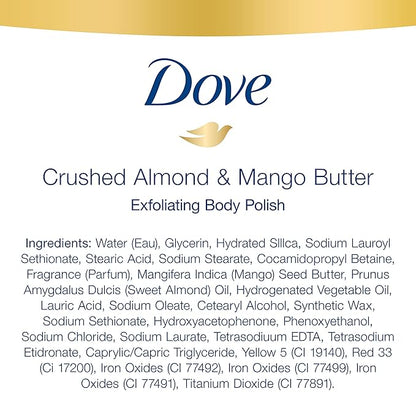 Dove Exfoliating Body Polish Body Scrub Crushed Almond and Mango Butter 4 Count Exfoliating Scrub for Dry Skin Gently Exfoliates to Reveal Healthy Skin 10.5 oz