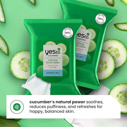 Yes To Face Wipes for Women and Men, Sensitive Facial Cleansing Wipes for use as a Make Up Remover, Cleaning, Soothing, Cucumbers Aloe Vera (Pack of 2)
