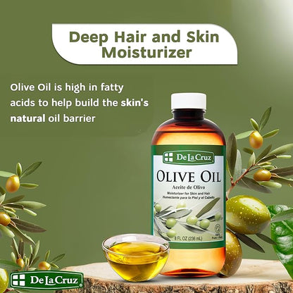 De La Cruz Pure Olive Oil - Natural Expeller Pressed Olive Oil for Hair and Skin - Lightweight Body Oil for Dry Skin 8 Fl Oz