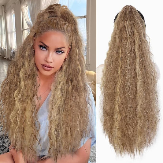 AISI BEAUTY Claw Clip Ponytail Extensions,30 Inch Long Curly Ponytail Extension for Women Fluffy Blonde Highlights Synthetic Ponytail Hairpiece for Daily Use