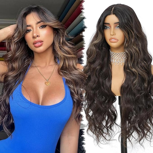 30 Inch Synthetic Lace Front Wig, 4X1 Glueless Pre-Cut Lace Wear and GO Synthetic Wavy Wig for Women Body Wave Middle Part, Beginner-Friendly for Daily Use (Skunk Stripe Brown)