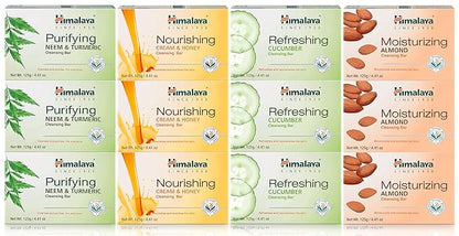 Himalaya Cleansing Bar Soaps Variety Pack, Neem & Turmeric, Almond, Cream & Honey and Cucumber, 4.41 oz, 12 Pack