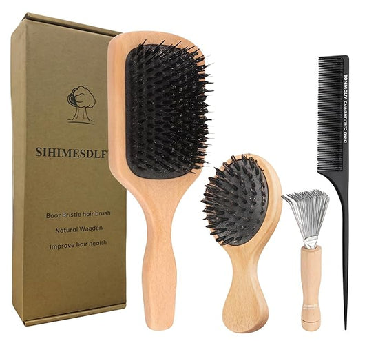 Boar Bristle Hair Brush and Comb Set for Women Men Kids, Best Natural Wooden Paddle Hairbrush and Small Travel Styling Brush for Wet or Dry Hair Detangling Smoothing Massaging(black)