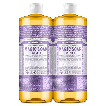 Dr. Bronner's Magic Soap - Pure-Castile Liquid Soap (Lavender, 32 ounce, 2-Pack) -Regenerative Organic Certified Oils, 18-in-1 Uses: Body, Hair, Laundry, Pets & Dishes, Concentrated, Vegan, Non-GMO