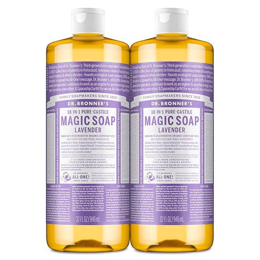 Dr. Bronner's Magic Soap - Pure-Castile Liquid Soap (Lavender, 32 ounce, 2-Pack) -Regenerative Organic Certified Oils, 18-in-1 Uses: Body, Hair, Laundry, Pets & Dishes, Concentrated, Vegan, Non-GMO