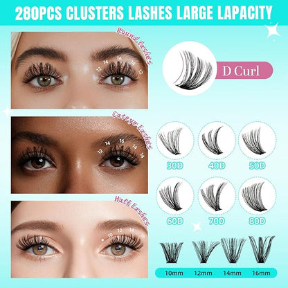 Lash Clusters Wispy 280PCS Eyelash Extension 70D Cluster Lashes Individual Lashes DIY Lash Extension Natural Look Cluster Eyelash Extensions Soft False Eyelashes at Home for Beginners(12mm)