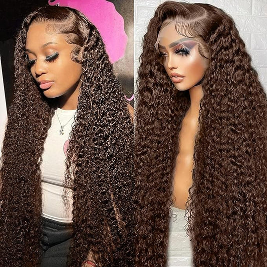 CHEETAHBEAUTY #4 Chocolate Brown Deep Wave 13X6 HD Transparent Lace Front Wigs Brazilian 10A Grade Deep Curly Human Hair Wigs for Black Women Pre Plucked with Baby Hair 250% Density(24inch)