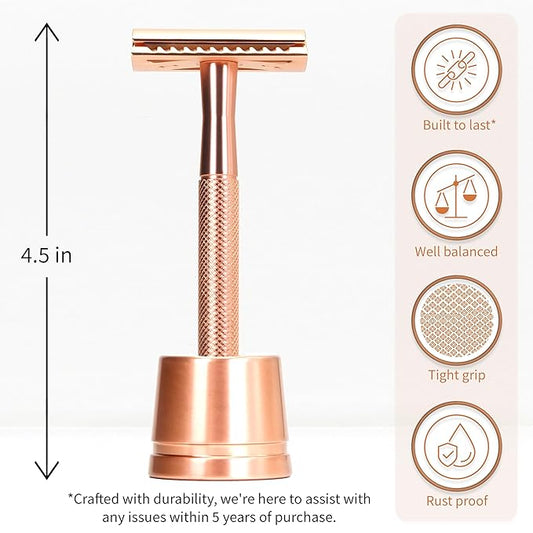 Bambaw Double Edge Safety Razor with Stand, Women Razor with 5 Double Edge Safety Razor Blades, Plastic Free Metal Razor – Rose Gold