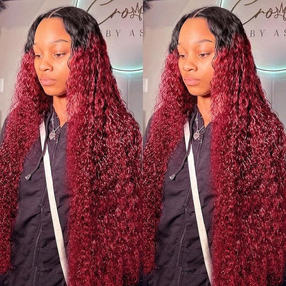 32 inch 99J Burgundy Curly 13x6 Lace Front Wigs Human Hair Ombre 1B/99J HD Lace Front Wig Human Hair Pre Plucked 180% Density Burgundy Curly Dark Root Wine Red Transparent Lace Front Wig for Women