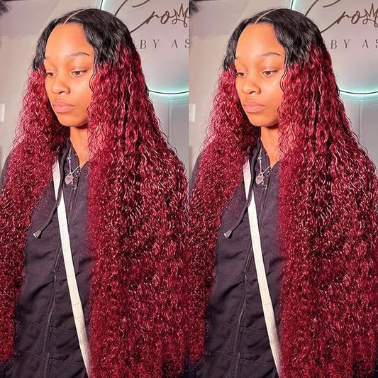 32 inch 99J Burgundy Curly 13x6 Lace Front Wigs Human Hair Ombre 1B/99J HD Lace Front Wig Human Hair Pre Plucked 180% Density Burgundy Curly Dark Root Wine Red Transparent Lace Front Wig for Women