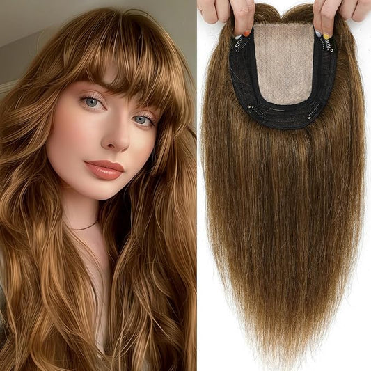 Hair Toppers for Women Real Human Hair, 360° 3D Toppers Pieces for Women with Thinning Crown Wispy Bangs 16 Inch Upgrade Big Basement (Light Brown, 16 Inch Wispy Bangs)