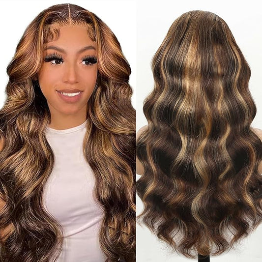 Ombre Lace Front Wig Human Hair, 13x6 HD Honey Blonde Body Wave Lace Frontal Wigs Human Hair with Baby Hair,210% Density Colored 4/27 Highlight Wig Human Hair for women 24 inch