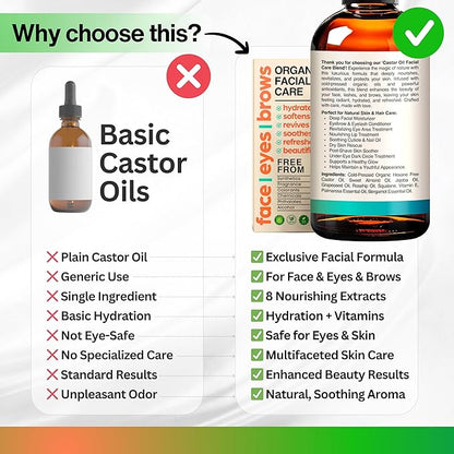 Organic Castor Oil For Face Moisturizer, Eyes, Eyelashes, Eyebrows, Wrinkles with Jojoba, Rosehip, Grapeseed, Squalane, Palmarosa, Bergamot and Vitamin E for Gentle Skin, Men & Women 4oz