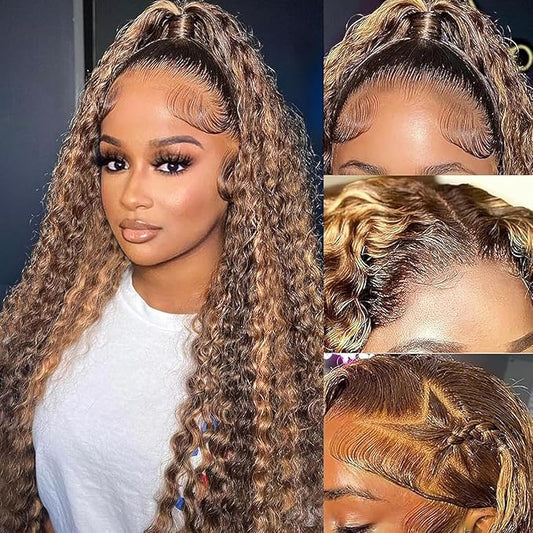 13x6 Highlight Deep Wave Lace Front Wigs Human Hair 180% Density Ombre Honey Blonde Curly Human Hair Wig Pre Plucked with Baby Hair 4/27 HD Transparent Lace Front Wigs Human Hair 20 Inch