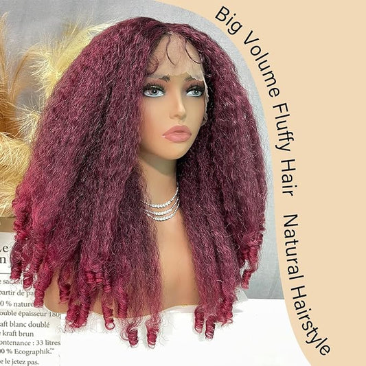 SOKU Crimp to Curl T Part Lace Front Wig Synthetic 20 Inch Red Burgundy Afro Kinky Straight with Curly End Wigs Pre-plucked Transparent Lace with Baby Hair Yaki Straight Wigs for Women
