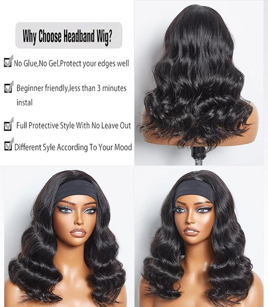 Body Wave Headband Wig Human Hair for Black Women 20 Inch None Lace Front Wigs 180% Density Glueless Wear and Go Wig Machine Made Headband Wigs Natural Black Color