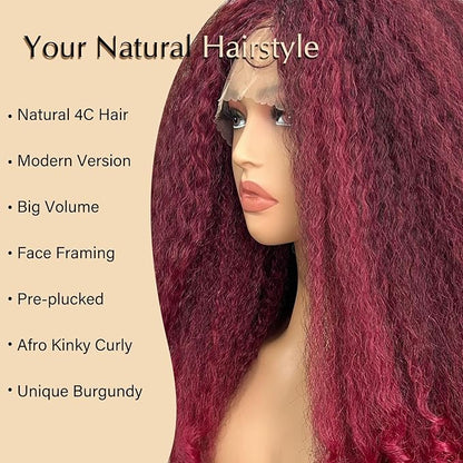 SOKU Crimp to Curl T Part Lace Front Wig Synthetic 20 Inch Red Burgundy Afro Kinky Straight with Curly End Wigs Pre-plucked Transparent Lace with Baby Hair Yaki Straight Wigs for Women