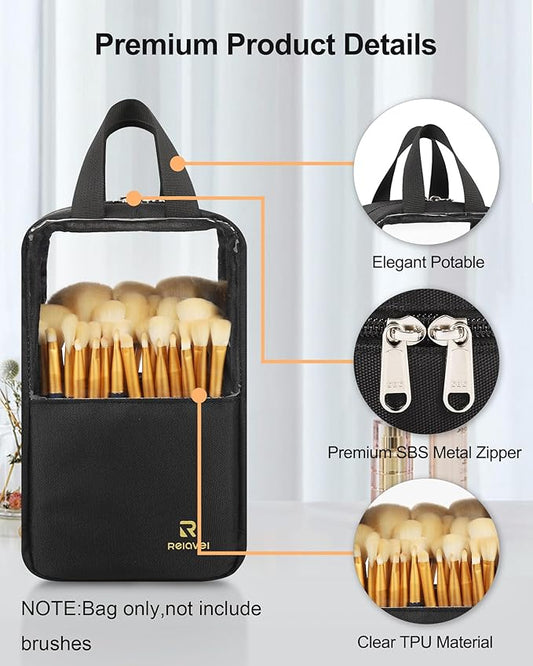 MONSTINA Makeup Brush Organizer Bag,Large Capacity Portable Stand-Up Makeup Brush Holder,Professional Artist Makeup Brush Sets Case Dust-proof TPU Transparent Clear