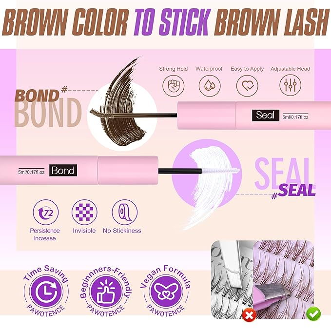 Pawotence Brown Lash Extension Kit Lash Clusters Wispy clear Band 10-12mm Individual Lashes Natural Brown Clusters Eyelash Extension Kit with Lash Bond and Seal, Lash Applicator for Self Use