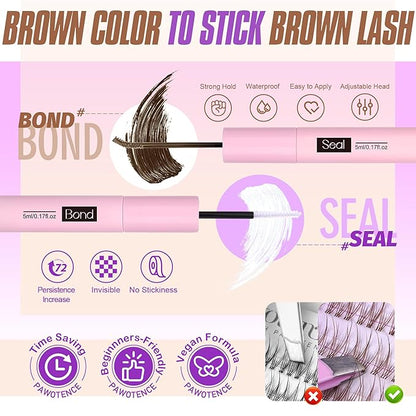 Pawotence Brown Lash Extension Kit Lash Clusters Wispy clear Band 10-12mm Individual Lashes Natural Brown Clusters Eyelash Extension Kit with Lash Bond and Seal, Lash Applicator for Self Use