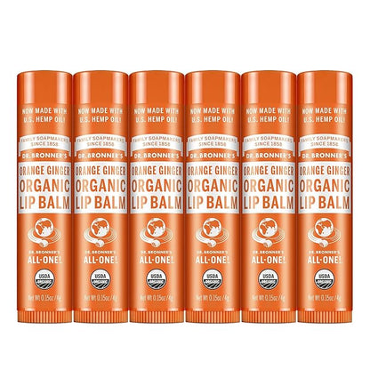 Dr. Bronner’s Organic Lip Balm 6-Pack (.15oz) Natural, Moisturizing, Petroleum-Free Lip Balm with Beeswax & Avocado Oil for Dry Lips, Men & Women - Orange Ginger
