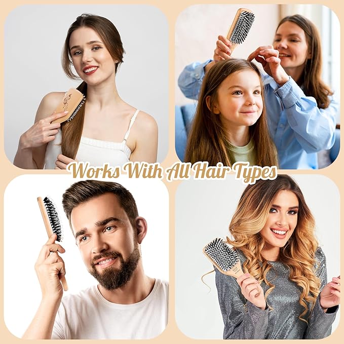 Hair Brush,Boar Bristle Hair Brushes and Styling Comb Set for Women Men Kids, Best Natural Wooden Paddle Hairbrush for Wet or Dry Hair Detangling Smoothing Massaging