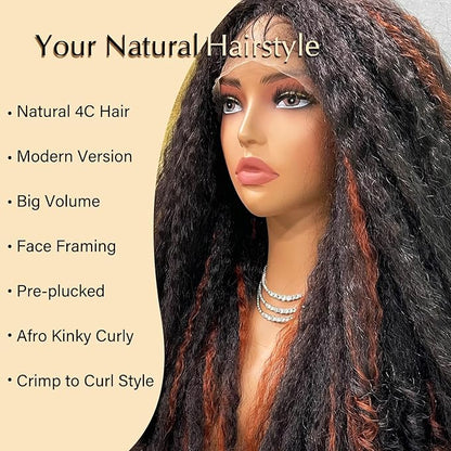 SOKU Afro Kinky Straight Lace Front Wig Synthetic 20 Inch Highlight Brown Crimp to Curl Pre-plucked T Part Transparent Lace Yaki Wigs for Black Women Daily Wig