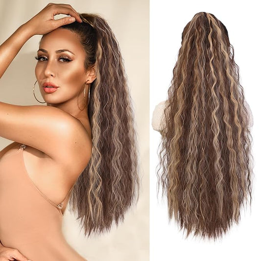 AISI BEAUTY 30 Inch Brown Highlights Ponytail Extension,Claw Clip Curly Ponytail Hair Extension for Women, Long Fluffy Synthetic Clip in Ponytail Hairpiece for Daily Use