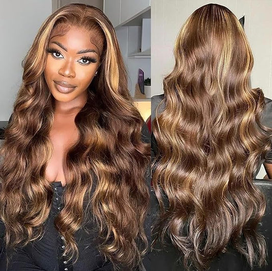 Highlight Ombre Lace Front Wigs Human Hair Pre Plucked with Baby Hair 5x5 Body Wave Closure Wigs Human Hair 180% Density 4/27 Colored Honey Blonde Lace Front Wig for Women 26 Inch
