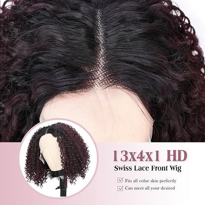 quickwig Curly Lace Front Wigs Short Kinky Curly Wig 13×4×1 HD Glueless Lace Curly Wig Ombre Wine Red Synthetic Lace Wigs for Women Deep Wave Hair (1B/99J)