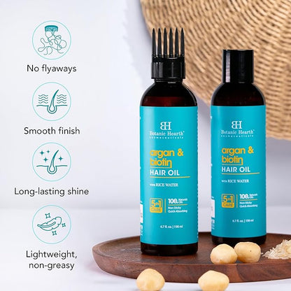 Botanic Hearth Argan & Biotin Hair Oil (6.7 fl oz) | Tames Frizz & Adds Shine | After Wash Lightweight Hair Oil | Repairs Dry, Damaged Hair | For All Hair Types | No Parabens