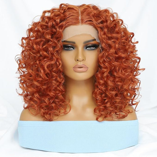 Felek 16inch Middle Part Curly Lace Front Wigs Jerry Curl Lace Wig Ginger Orange T Lace Front Curly Synthetic Pre-Plucked Deep Curly Wigs For Black Women(#350)