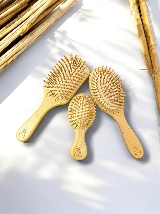 3 Pcs. Bamboo Hair Brush Set for Hair Growth, Detangling Brush, Scalp Massager with Natural Bamboo Bristles & Paddle Brush - For all hair types; Curly, Straight & Wavy - For Women, Men and Kids