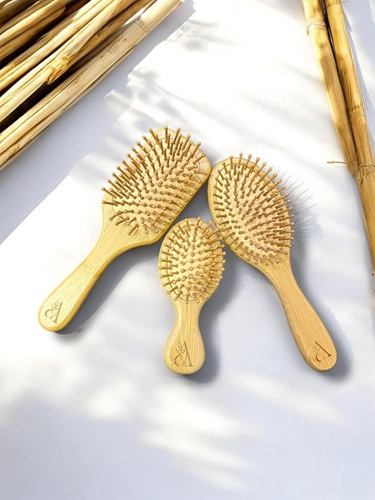 3 Pcs. Bamboo Hair Brush Set for Hair Growth, Detangling Brush, Scalp Massager with Natural Bamboo Bristles & Paddle Brush - For all hair types; Curly, Straight & Wavy - For Women, Men and Kids