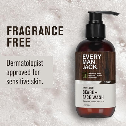 Every Man Jack Unscented Beard + Face Wash - Fragrance Free for Sensitive Skin - Naturally Cleanse and Condition Your Beard and Skin - 6.7-ounce (2 pack)