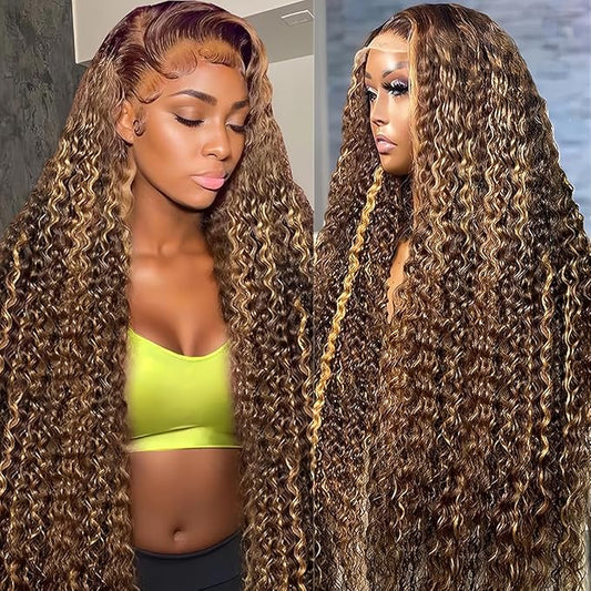 32 Inch Highlight Deep Wave Lace Front Wigs Human Hair 180% Density Ombre Honey Blonde Curly Human Hair Wig Pre Plucked with Baby Hair 4/27 HD Transparent 13x6 Lace Front Wigs Human Hair