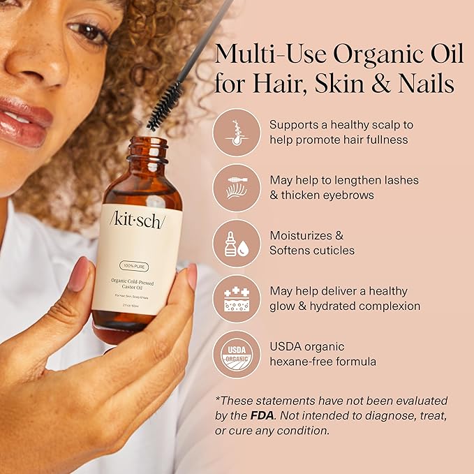 Kitsch Organic Castor Oil For Hair Growth, Castor Oil Organic Cold Pressed Unrefined Glass Bottle, 100% Pure, For Face, Skin, Lashes, Brows, Scalp, Nails & Belly Button, Hexane Free, USDA - 2oz