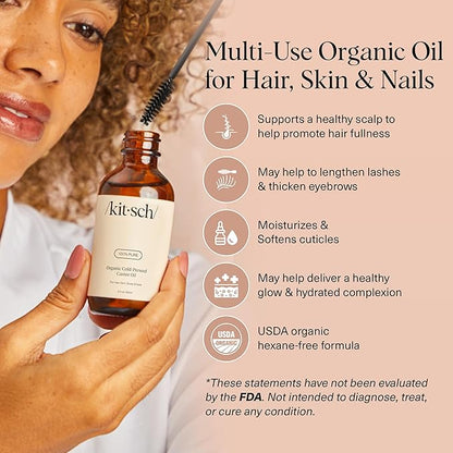 Kitsch Organic Castor Oil For Hair Growth, Castor Oil Organic Cold Pressed Unrefined Glass Bottle, 100% Pure, For Face, Skin, Lashes, Brows, Scalp, Nails & Belly Button, Hexane Free, USDA - 2oz